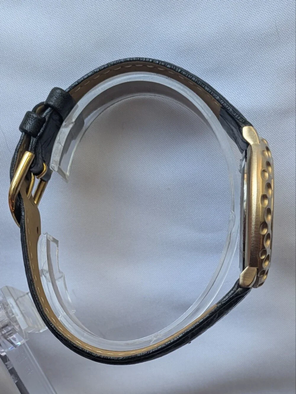 Hampden Golf Watch Golden Dimpled Bezel Club Hand Black Leather Strap Steel Back
